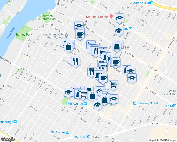 map of restaurants, bars, coffee shops, grocery stores, and more near in Queens