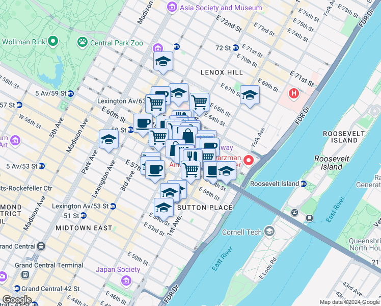 map of restaurants, bars, coffee shops, grocery stores, and more near 1151A 2nd Avenue in New York