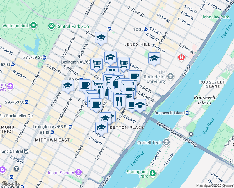 map of restaurants, bars, coffee shops, grocery stores, and more near 1151A 2nd Avenue in New York
