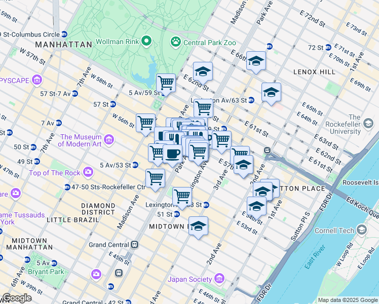map of restaurants, bars, coffee shops, grocery stores, and more near 110 East 57th Street in New York