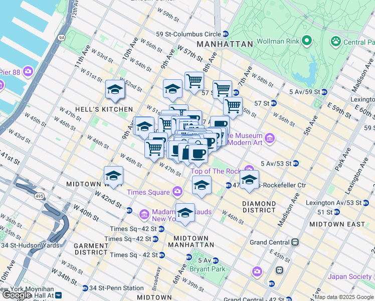 map of restaurants, bars, coffee shops, grocery stores, and more near in New York