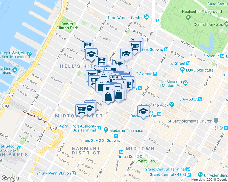 map of restaurants, bars, coffee shops, grocery stores, and more near 302 West 47th Street in New York