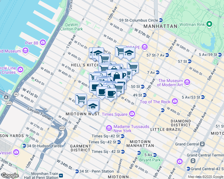 map of restaurants, bars, coffee shops, grocery stores, and more near 343 West 47th Street in New York