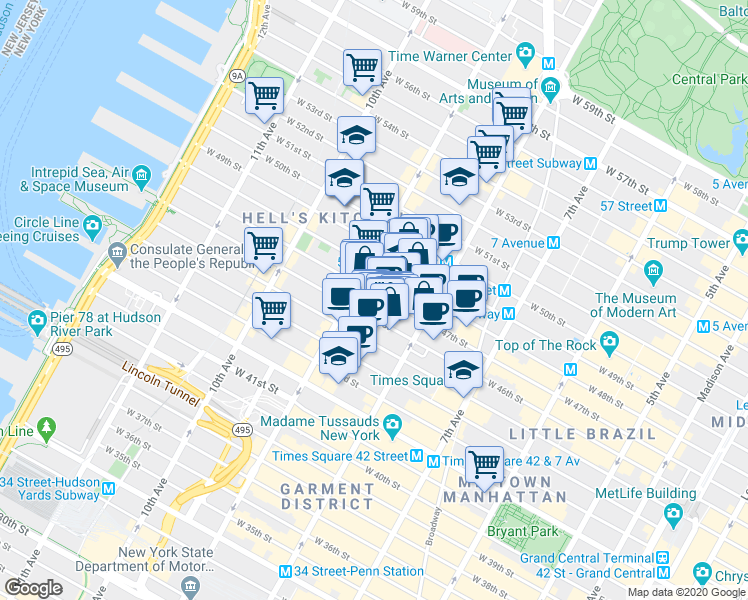 map of restaurants, bars, coffee shops, grocery stores, and more near 343 West 47th Street in New York