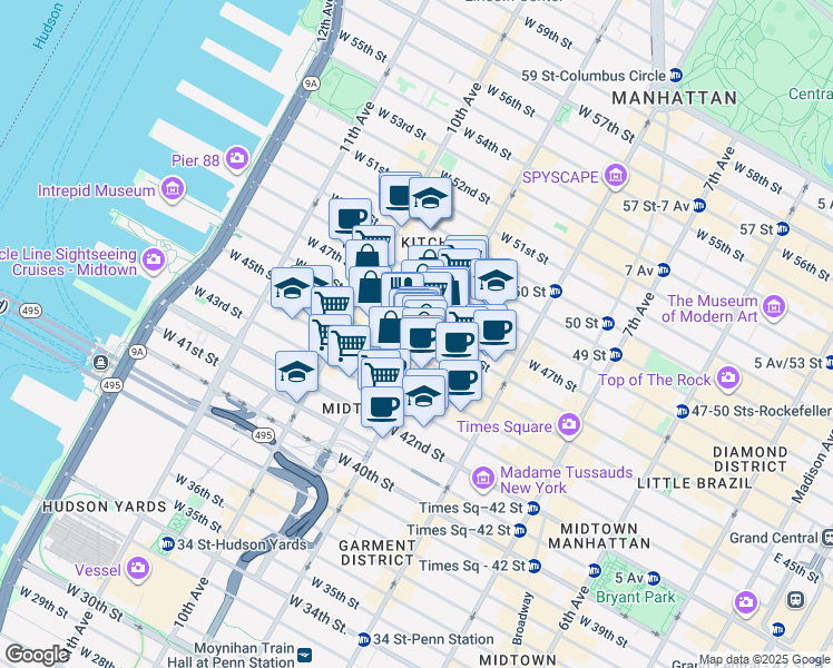 map of restaurants, bars, coffee shops, grocery stores, and more near 421 West 45th Street in New York
