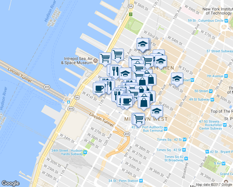 map of restaurants, bars, coffee shops, grocery stores, and more near 532 West 43rd Street in New York