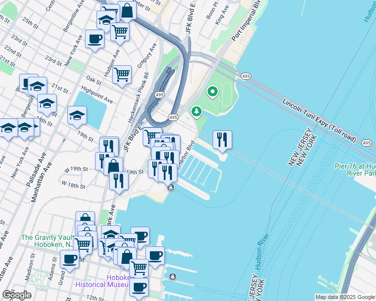 map of restaurants, bars, coffee shops, grocery stores, and more near 1500 Harbor Boulevard in Weehawken