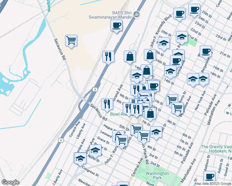 map of restaurants, bars, coffee shops, grocery stores, and more near 811 Grand Avenue in North Bergen