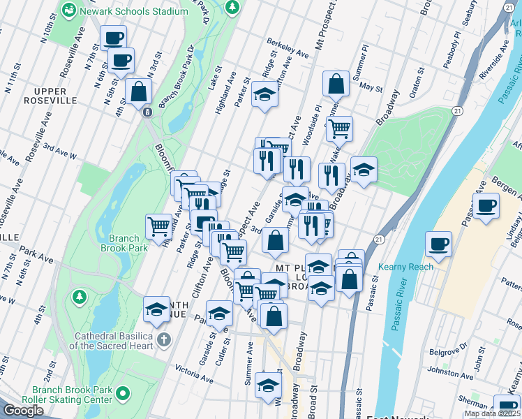 map of restaurants, bars, coffee shops, grocery stores, and more near 278 1/2 Garside Street in Newark