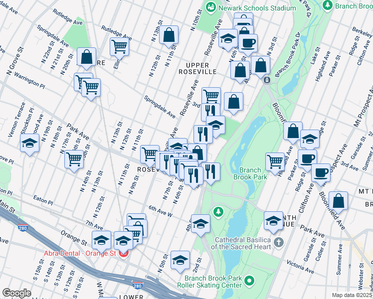 map of restaurants, bars, coffee shops, grocery stores, and more near 330 North 7th Street in Newark