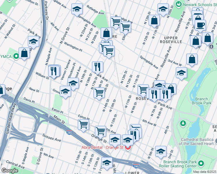 map of restaurants, bars, coffee shops, grocery stores, and more near 163 North 14th Street in East Orange