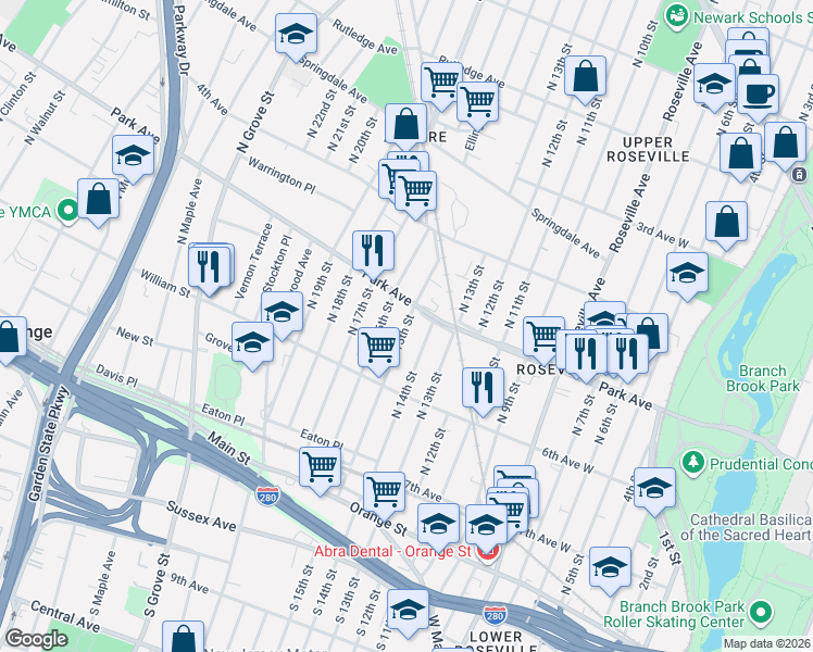 map of restaurants, bars, coffee shops, grocery stores, and more near 163 North 14th Street in East Orange
