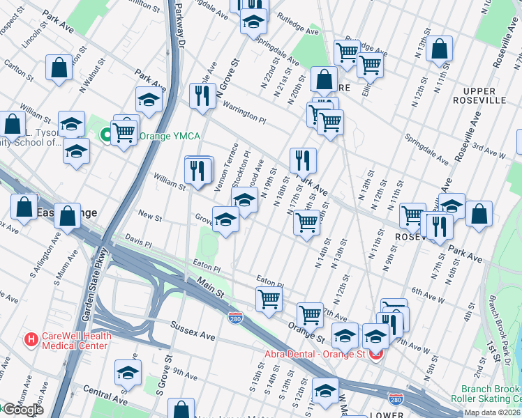 map of restaurants, bars, coffee shops, grocery stores, and more near 84 North 19th Street in East Orange