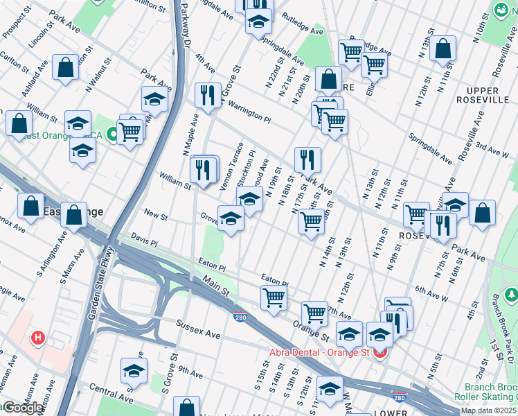 map of restaurants, bars, coffee shops, grocery stores, and more near 84 North 19th Street in East Orange