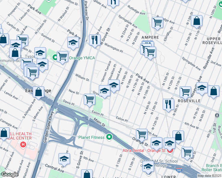 map of restaurants, bars, coffee shops, grocery stores, and more near 136 William Street in East Orange