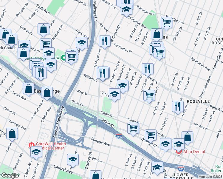 map of restaurants, bars, coffee shops, grocery stores, and more near 155 William Street in East Orange