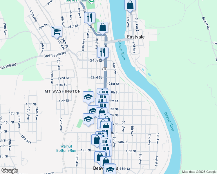 map of restaurants, bars, coffee shops, grocery stores, and more near 2020 7th Avenue in Beaver Falls