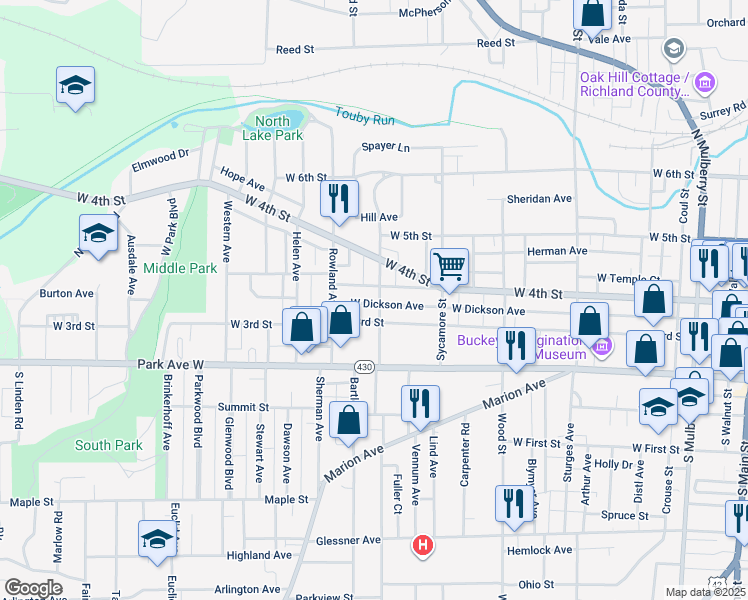 map of restaurants, bars, coffee shops, grocery stores, and more near 73 Penn Avenue in Mansfield