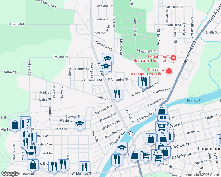 map of restaurants, bars, coffee shops, grocery stores, and more near 1201-1207 North 3rd Street in Logansport