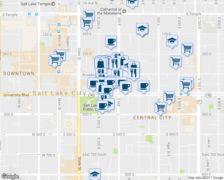 map of restaurants, bars, coffee shops, grocery stores, and more near 255 East 400 South in Salt Lake City