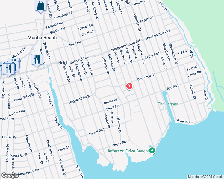 map of restaurants, bars, coffee shops, grocery stores, and more near 132 Jefferson Drive in Mastic Beach