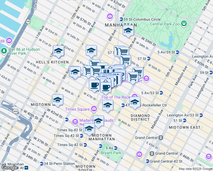 map of restaurants, bars, coffee shops, grocery stores, and more near 758 7th Avenue in New York