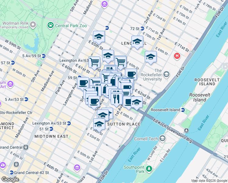 map of restaurants, bars, coffee shops, grocery stores, and more near 313 East 60th Street in New York