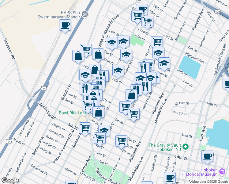 map of restaurants, bars, coffee shops, grocery stores, and more near 1215 Central Avenue in Union City