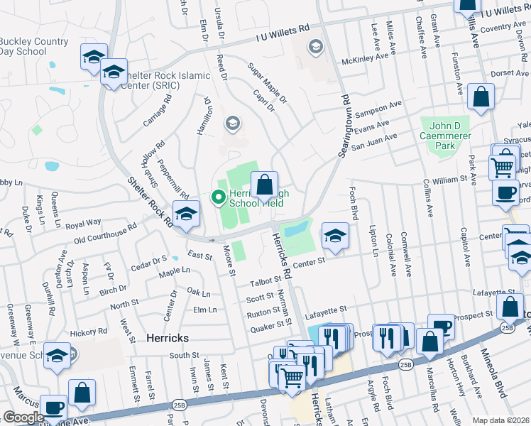 map of restaurants, bars, coffee shops, grocery stores, and more near 19 Hunt Court in Roslyn