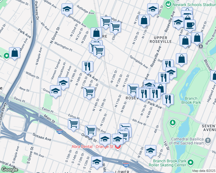 map of restaurants, bars, coffee shops, grocery stores, and more near 354 Park Avenue in Newark
