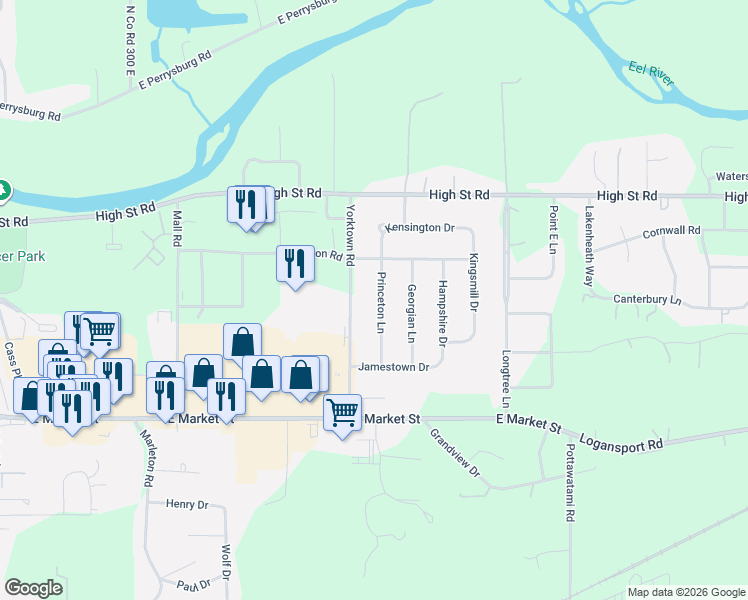 map of restaurants, bars, coffee shops, grocery stores, and more near 301 Princeton Lane in Logansport