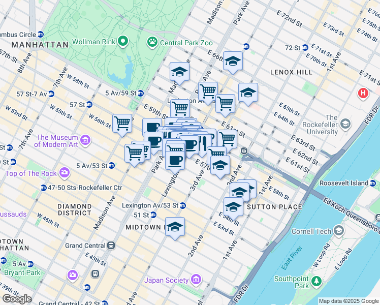 map of restaurants, bars, coffee shops, grocery stores, and more near 445 Park Avenue in New York