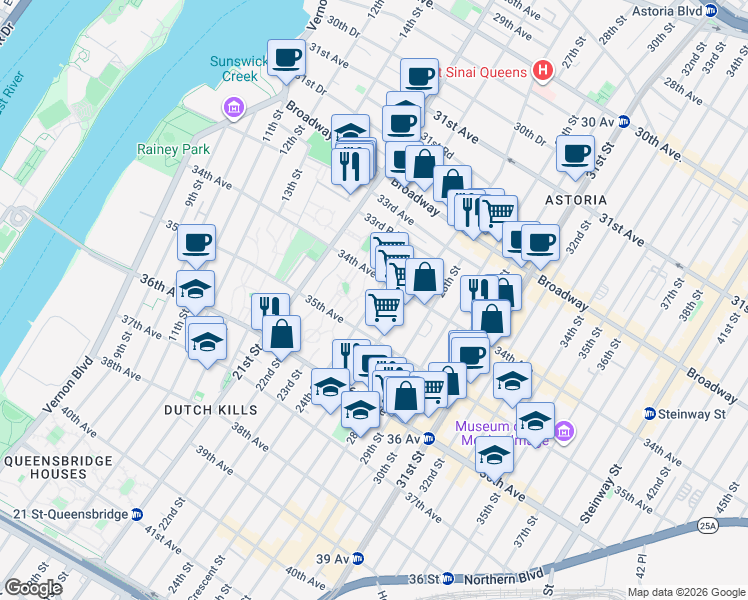 map of restaurants, bars, coffee shops, grocery stores, and more near 34-25 24th Street in Queens