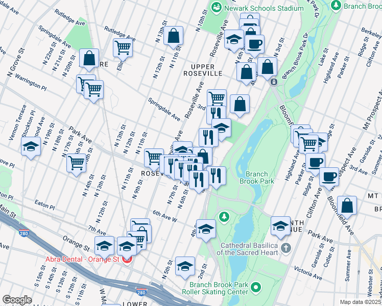 map of restaurants, bars, coffee shops, grocery stores, and more near 330 North 7th Street in Newark