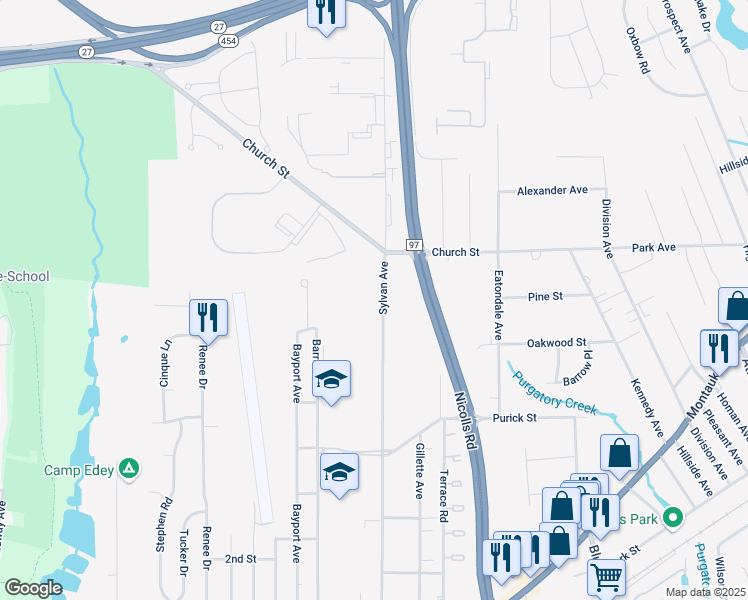 map of restaurants, bars, coffee shops, grocery stores, and more near 812 Sylvan Avenue in Bayport