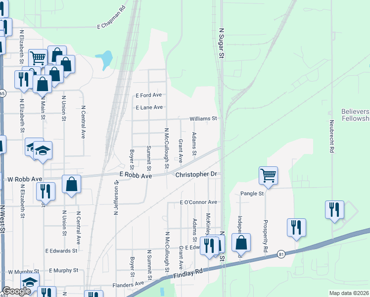 map of restaurants, bars, coffee shops, grocery stores, and more near 1522 Grant Avenue in Lima