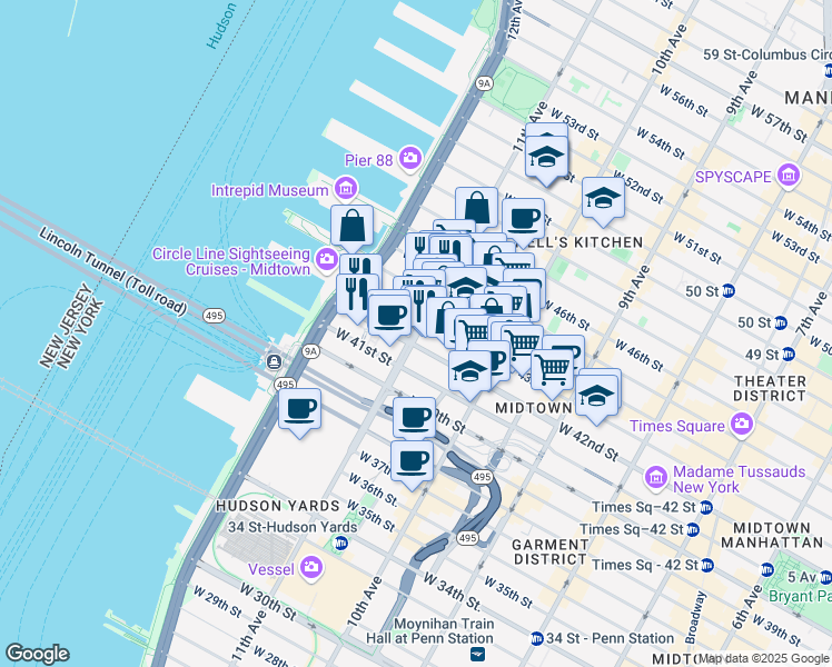 map of restaurants, bars, coffee shops, grocery stores, and more near 558 11th Avenue in New York