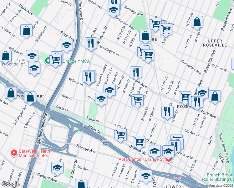 map of restaurants, bars, coffee shops, grocery stores, and more near 84 North 19th Street in East Orange