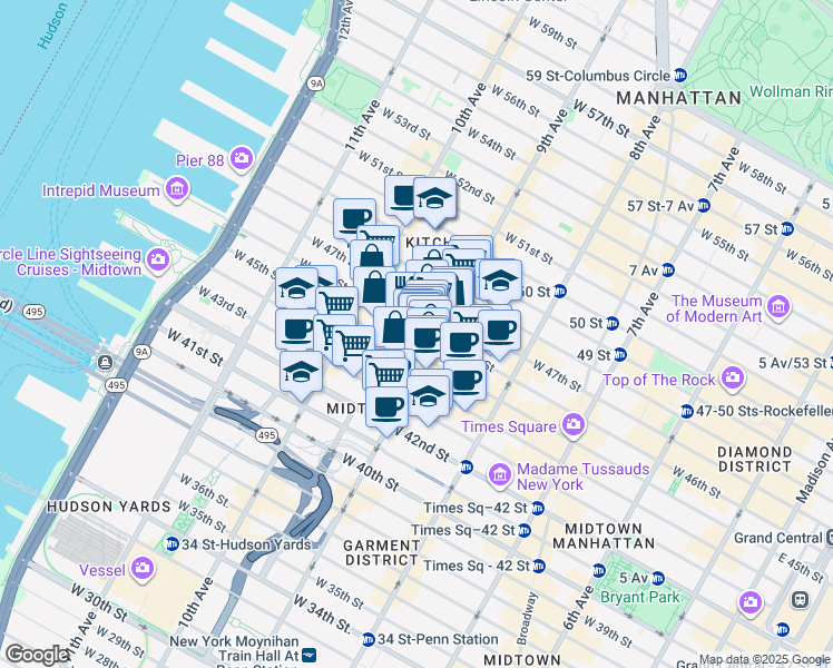 map of restaurants, bars, coffee shops, grocery stores, and more near 421 West 45th Street in New York