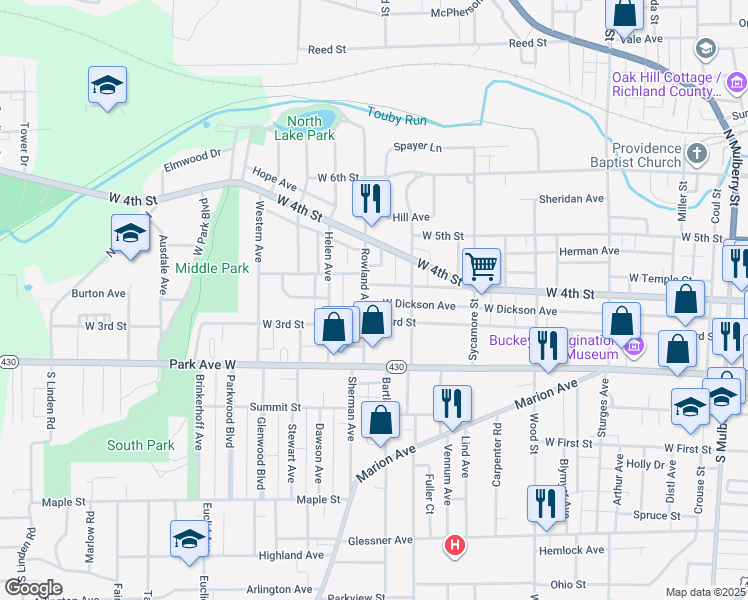 map of restaurants, bars, coffee shops, grocery stores, and more near 82 Rowland Avenue in Mansfield