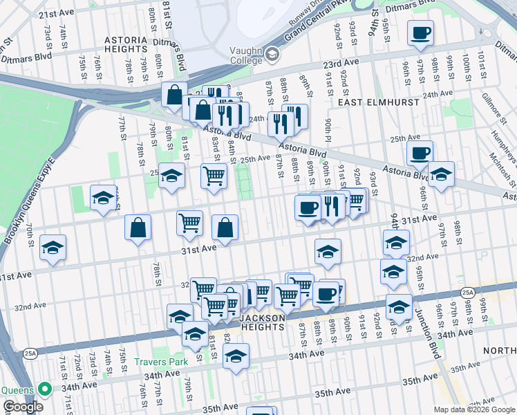 map of restaurants, bars, coffee shops, grocery stores, and more near 30-11 84th Street in Queens