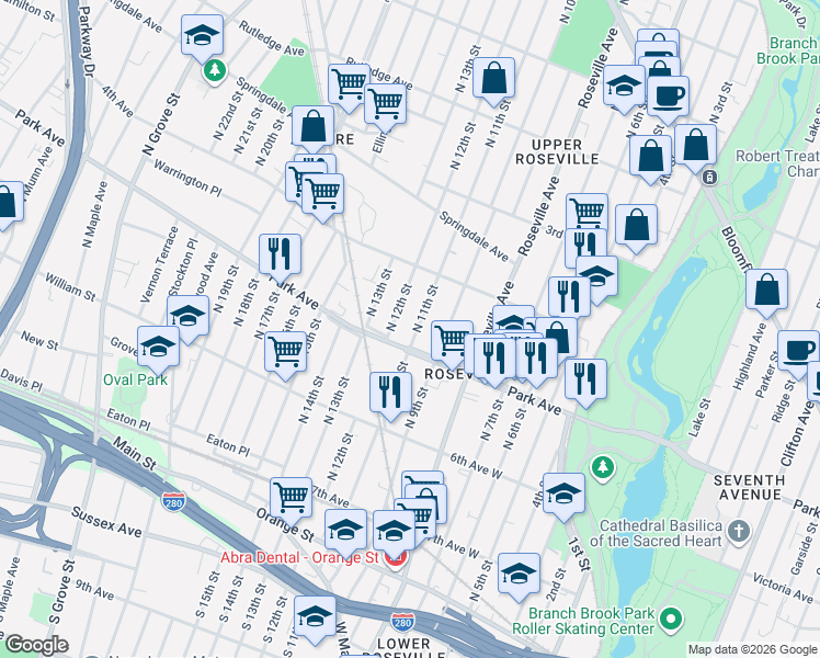 map of restaurants, bars, coffee shops, grocery stores, and more near 170 North 11th Street in Newark