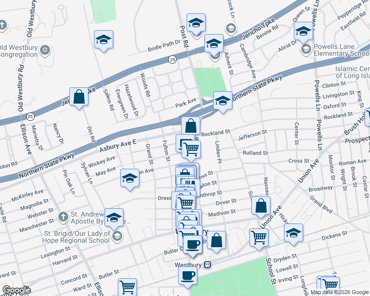 map of restaurants, bars, coffee shops, grocery stores, and more near 267 Liberty Avenue in Westbury