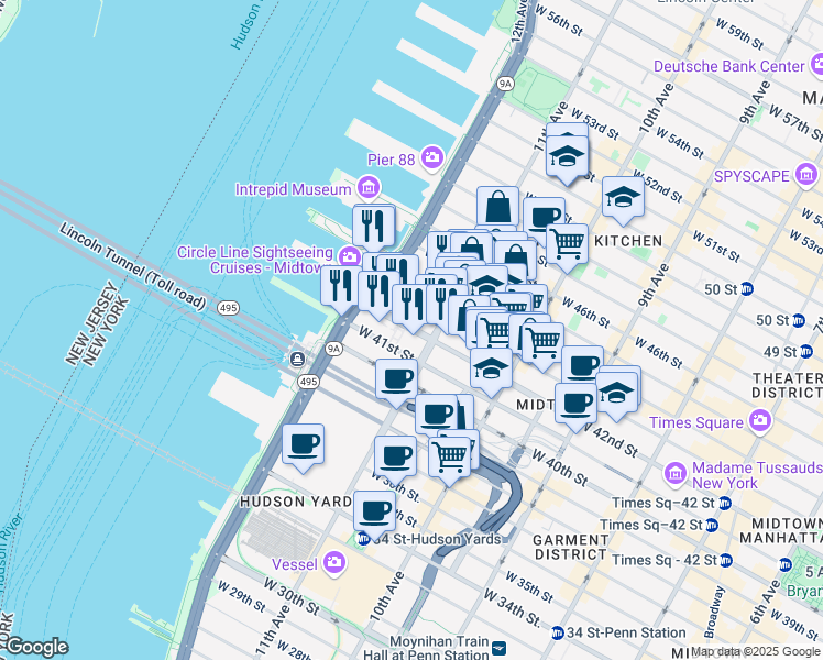 map of restaurants, bars, coffee shops, grocery stores, and more near 620 West 42nd Street in New York