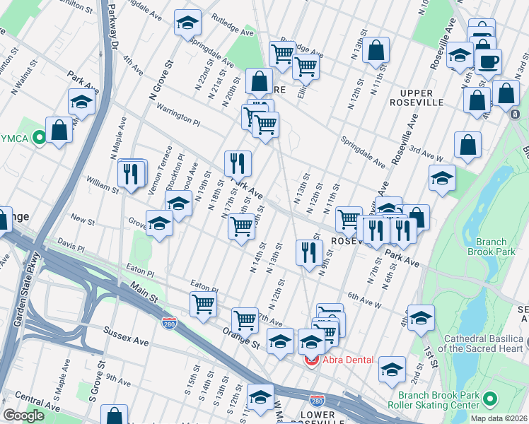 map of restaurants, bars, coffee shops, grocery stores, and more near 163 North 14th Street in East Orange