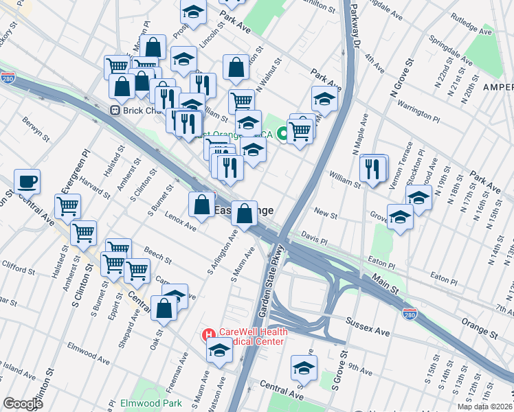 map of restaurants, bars, coffee shops, grocery stores, and more near 26 City Hall Plaza in East Orange