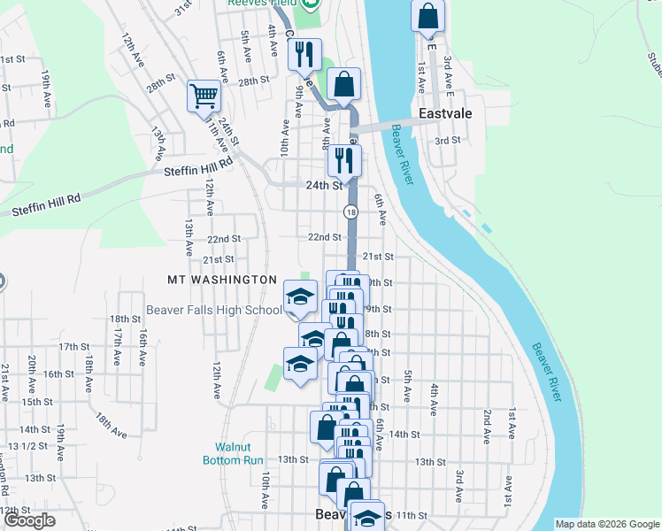 map of restaurants, bars, coffee shops, grocery stores, and more near 2020 8th Avenue in Beaver Falls