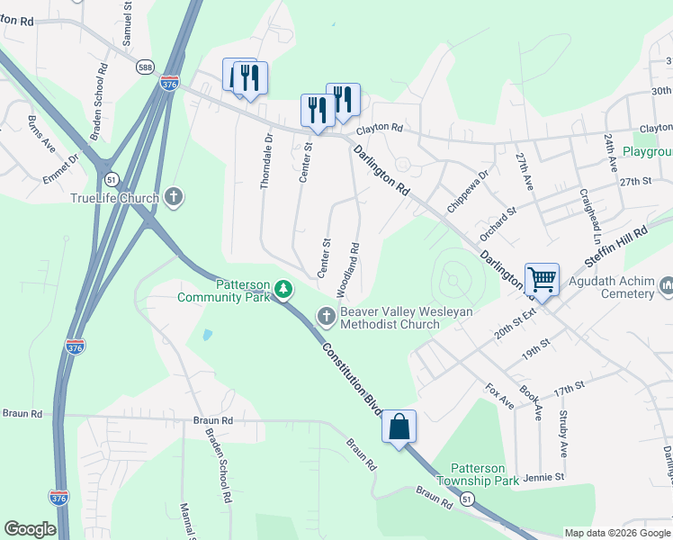 map of restaurants, bars, coffee shops, grocery stores, and more near 114 Arthur Street in Beaver Falls
