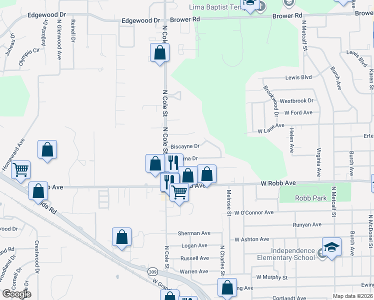 map of restaurants, bars, coffee shops, grocery stores, and more near 1133 Biscayne Drive in Lima