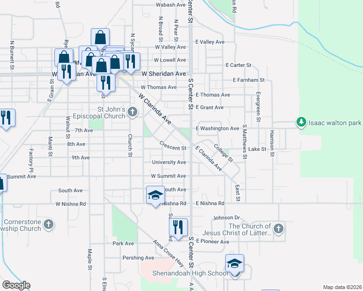 map of restaurants, bars, coffee shops, grocery stores, and more near 149-299 Crescent Street in Shenandoah